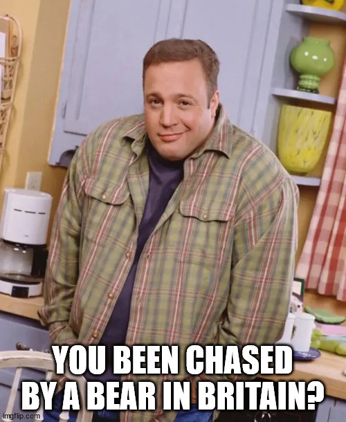Kevin James shrug | YOU BEEN CHASED BY A BEAR IN BRITAIN? | image tagged in kevin james shrug | made w/ Imgflip meme maker
