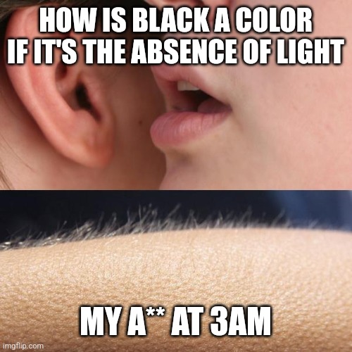 If ANYONE takes this as racism go to the Comedy Club for ya jokes. | HOW IS BLACK A COLOR IF IT'S THE ABSENCE OF LIGHT; MY A** AT 3AM | image tagged in whisper and goosebumps | made w/ Imgflip meme maker