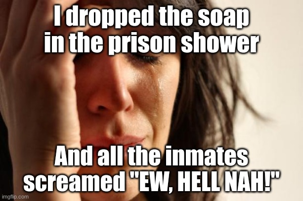 First World Problems | I dropped the soap in the prison shower; And all the inmates screamed "EW, HELL NAH!" | image tagged in memes,first world problems | made w/ Imgflip meme maker