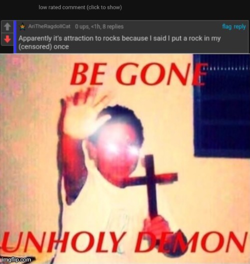 Woah woah, inappropriate moment | image tagged in be gone unholy demon,that's dawn,low rated comment,memes,comment section,comments | made w/ Imgflip meme maker