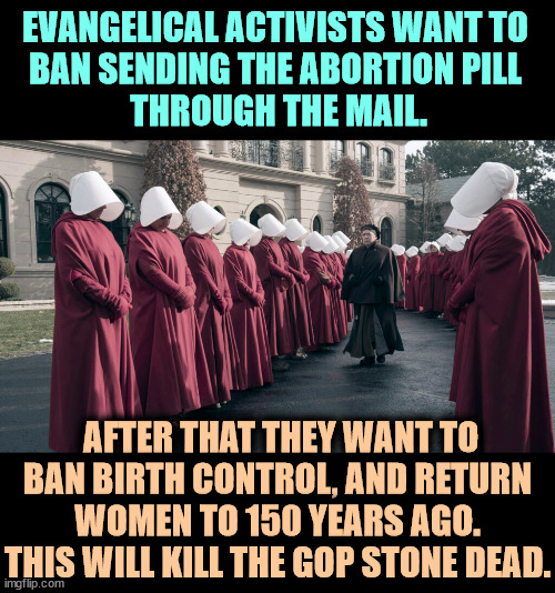 The Republican Party has a death wish. | EVANGELICAL ACTIVISTS WANT TO 
BAN SENDING THE ABORTION PILL 
THROUGH THE MAIL. AFTER THAT THEY WANT TO BAN BIRTH CONTROL, AND RETURN WOMEN TO 150 YEARS AGO. THIS WILL KILL THE GOP STONE DEAD. | image tagged in evangelicals,insane,woman,hatred,contraception | made w/ Imgflip meme maker
