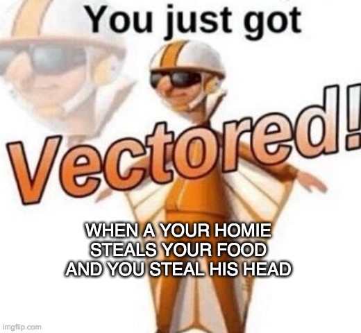 You just got vectored | WHEN A YOUR HOMIE STEALS YOUR FOOD AND YOU STEAL HIS HEAD | image tagged in you just got vectored | made w/ Imgflip meme maker