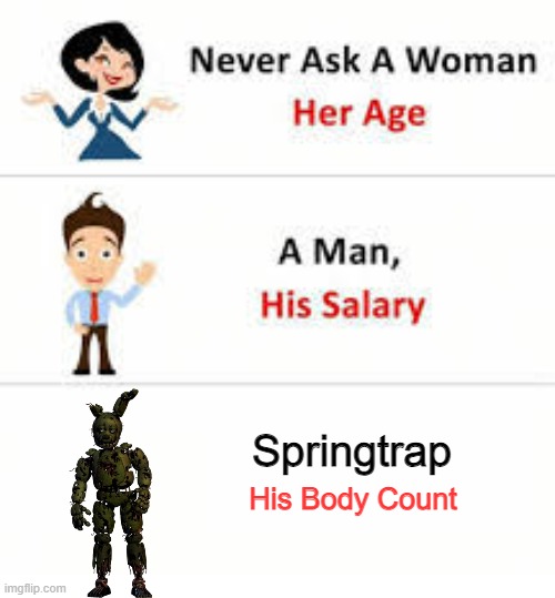Never ask a woman her age | Springtrap; His Body Count | image tagged in never ask a woman her age | made w/ Imgflip meme maker