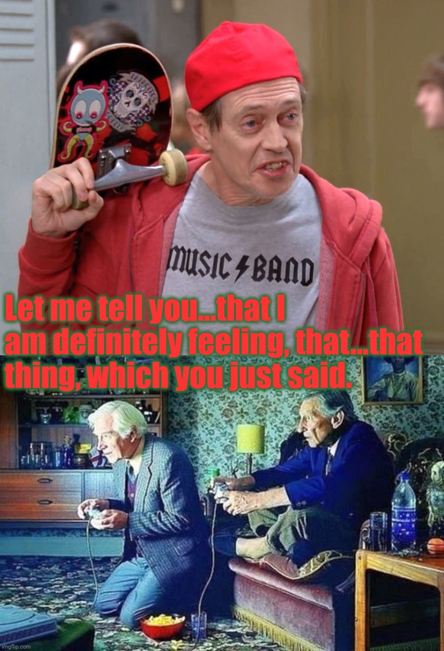 Let me tell you...that I am definitely feeling, that...that thing, which you just said. | image tagged in steve buscemi fellow kids,old men playing video games | made w/ Imgflip meme maker