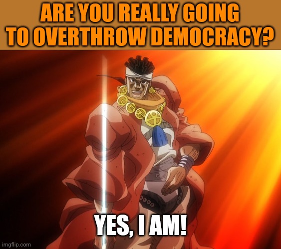 ARE YOU REALLY GOING TO OVERTHROW DEMOCRACY? YES, I AM! | image tagged in funny memes | made w/ Imgflip meme maker