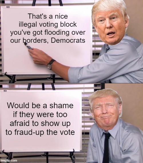 The Writing is on the Big Beautiful Border Wall | That's a nice illegal voting block you've got flooding over our borders, Democrats; Would be a shame if they were too afraid to show up to fraud-up the vote | image tagged in trump explains,fraud,vote,illegal,border,wall | made w/ Imgflip meme maker