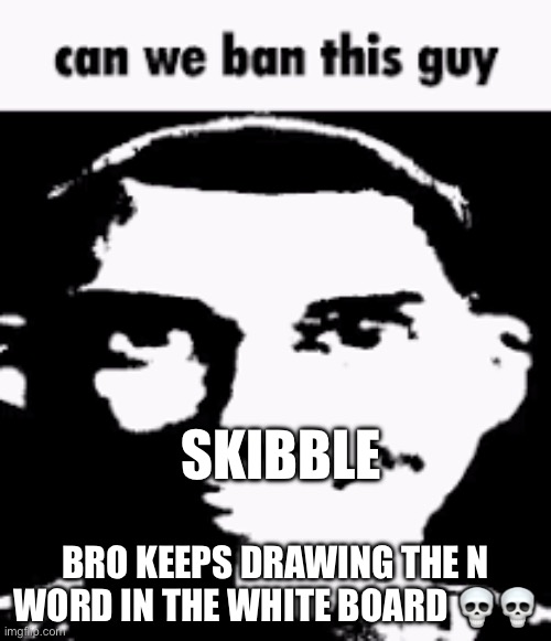 Can we ban this guy | SKIBBLE; BRO KEEPS DRAWING THE N WORD IN THE WHITE BOARD 💀💀 | image tagged in can we ban this guy | made w/ Imgflip meme maker