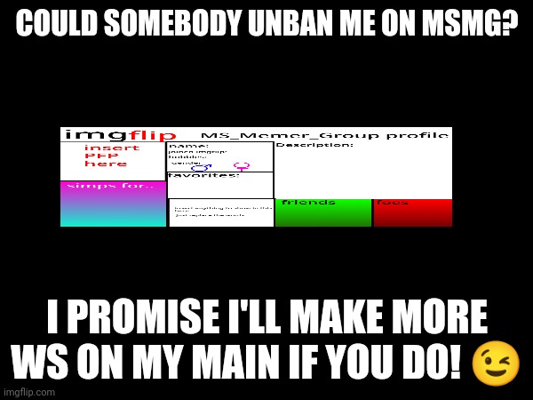 I will stop making alts   (mod note im just allowing it so you get made fun of) | COULD SOMEBODY UNBAN ME ON MSMG? I PROMISE I'LL MAKE MORE WS ON MY MAIN IF YOU DO! 😉 | made w/ Imgflip meme maker