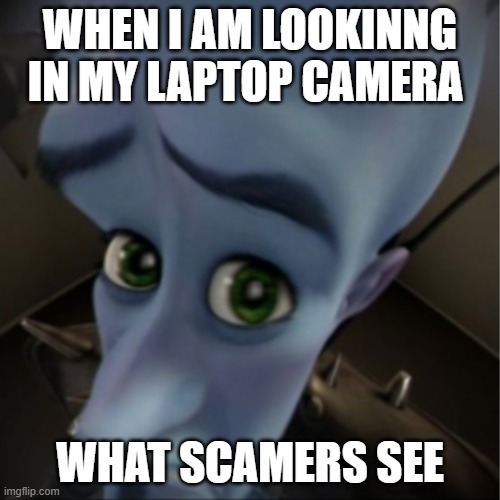 Megamind peeking | WHEN I AM LOOKINNG IN MY LAPTOP CAMERA; WHAT SCAMERS SEE | image tagged in megamind peeking | made w/ Imgflip meme maker