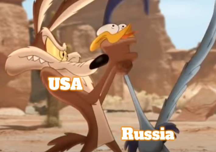 Wile E. Coyote Choking The Road Runner | USA; Russia | image tagged in wile e coyote choking the road runner,in soviet russia,slavic | made w/ Imgflip meme maker