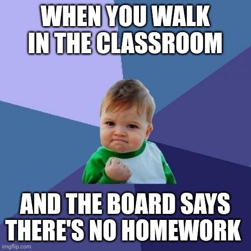 Success Kid | WHEN YOU WALK IN THE CLASSROOM; AND THE BOARD SAYS THERE'S NO HOMEWORK | image tagged in memes,success kid | made w/ Imgflip meme maker