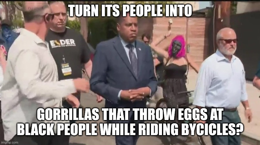Larry Elder Attacked | TURN ITS PEOPLE INTO GORRILLAS THAT THROW EGGS AT BLACK PEOPLE WHILE RIDING BYCICLES? | image tagged in larry elder attacked | made w/ Imgflip meme maker