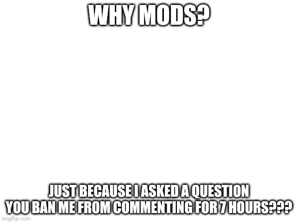 Just a bit confsed alr | WHY MODS? JUST BECAUSE I ASKED A QUESTION YOU BAN ME FROM COMMENTING FOR 7 HOURS??? | image tagged in blank,why,mods | made w/ Imgflip meme maker