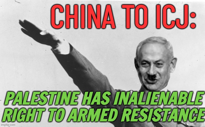 Palestine Has 'Inalienable Right' To Armed Resistance | CHINA TO ICJ:; PALESTINE HAS INALIENABLE RIGHT TO ARMED RESISTANCE | image tagged in benjamin netanyahu,palestine,genocide,adolf hitler,neo-nazis,nazi | made w/ Imgflip meme maker