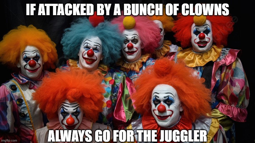 Go For the Juggler | IF ATTACKED BY A BUNCH OF CLOWNS; ALWAYS GO FOR THE JUGGLER | image tagged in clowns,satire,puns | made w/ Imgflip meme maker