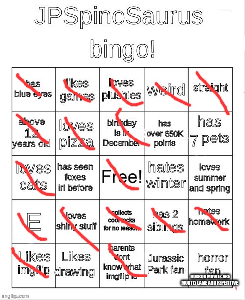 ……’’’’……… | HORROR MOVIES ARE MOSTLY LAME AND REPETITIVE | image tagged in jpspinosaurus bingo updated | made w/ Imgflip meme maker