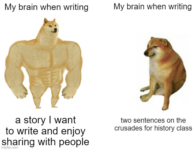 Buff Doge vs. Cheems | My brain when writing; My brain when writing; a story I want to write and enjoy sharing with people; two sentences on the crusades for history class | image tagged in memes,buff doge vs cheems | made w/ Imgflip meme maker