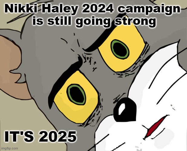 It Might Never End | Nikki Haley 2024 campaign 
is still going strong; IT'S 2025 | image tagged in memes,unsettled tom | made w/ Imgflip meme maker