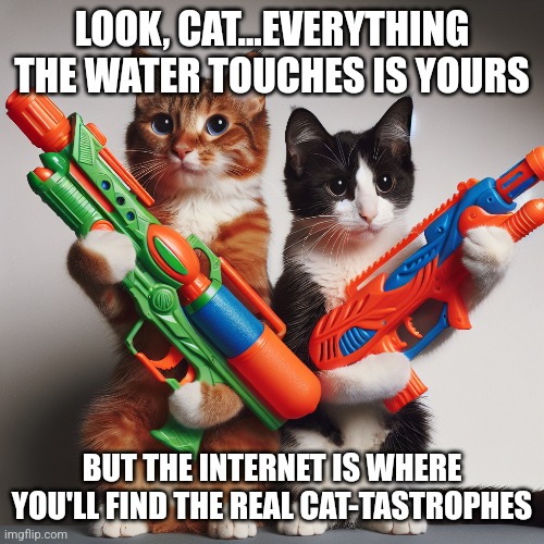 Cat | LOOK, CAT...EVERYTHING THE WATER TOUCHES IS YOURS; BUT THE INTERNET IS WHERE YOU'LL FIND THE REAL CAT-TASTROPHES | image tagged in funny meme | made w/ Imgflip meme maker