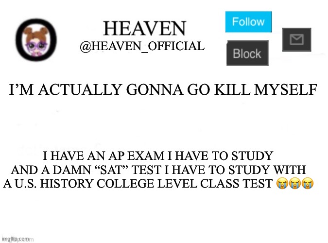 Womp womp | I’M ACTUALLY GONNA GO KILL MYSELF; I HAVE AN AP EXAM I HAVE TO STUDY AND A DAMN “SAT” TEST I HAVE TO STUDY WITH A U.S. HISTORY COLLEGE LEVEL CLASS TEST 😭😭😭 | image tagged in heaven s template | made w/ Imgflip meme maker