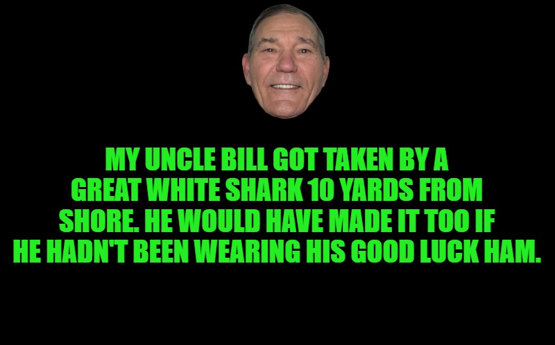 almost made it | MY UNCLE BILL GOT TAKEN BY A GREAT WHITE SHARK 10 YARDS FROM SHORE. HE WOULD HAVE MADE IT TOO IF HE HADN'T BEEN WEARING HIS GOOD LUCK HAM. | image tagged in black screen,joke,kewlew | made w/ Imgflip meme maker
