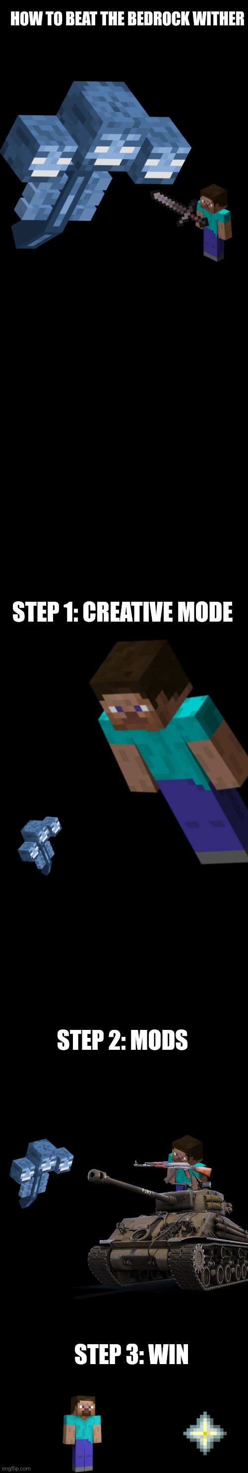 Easy tutorial | HOW TO BEAT THE BEDROCK WITHER; STEP 1: CREATIVE MODE; STEP 2: MODS; STEP 3: WIN | image tagged in minecraft | made w/ Imgflip meme maker