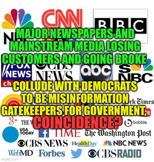MSM and newspapers neglect real news to stay relevant with Democratic help. | MAJOR NEWSPAPERS AND MAINSTREAM MEDIA LOSING CUSTOMERS AND GOING BROKE; COLLUDE WITH DEMOCRATS TO BE MISINFORMATION GATEKEEPERS FOR GOVERNMENT, COINCIDENCE? | image tagged in gifs,democrats,msm lies,newspaper,fake news,corruption | made w/ Imgflip meme maker