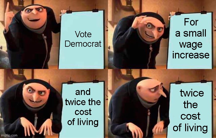 Gru's Plan Meme | Vote Democrat; For a small wage increase; and twice the cost of living; twice the cost of living | image tagged in memes,gru's plan | made w/ Imgflip meme maker