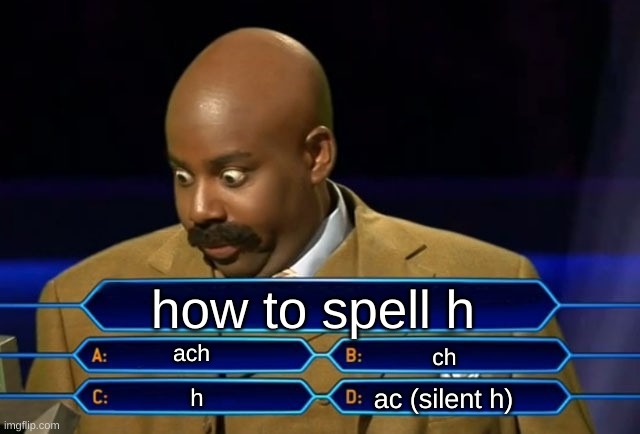 h | how to spell h; ach; ch; ac (silent h); h | image tagged in who wants to be a millionaire,h | made w/ Imgflip meme maker