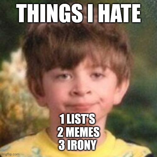 Annoyed face | THINGS I HATE; 1 LIST'S 
2 MEMES
3 IRONY | image tagged in annoyed face | made w/ Imgflip meme maker