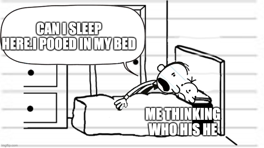 greg and stranger | CAN I SLEEP HERE.I POOED IN MY BED; ME THINKING WHO HIS HE | image tagged in diary of a wimpy kid template | made w/ Imgflip meme maker