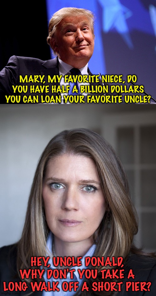 Donald Desperate | MARY, MY FAVORITE NIECE, DO YOU HAVE HALF A BILLION DOLLARS YOU CAN LOAN YOUR FAVORITE UNCLE? HEY, UNCLE DONALD, WHY DON'T YOU TAKE A LONG WALK OFF A SHORT PIER? | image tagged in donald trump no2,mary trump | made w/ Imgflip meme maker