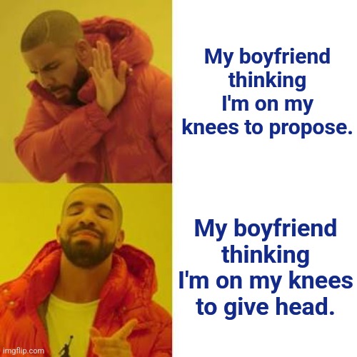 Drake No/Yes | My boyfriend thinking I'm on my knees to propose. My boyfriend thinking I'm on my knees to give head. | image tagged in drake no/yes | made w/ Imgflip meme maker