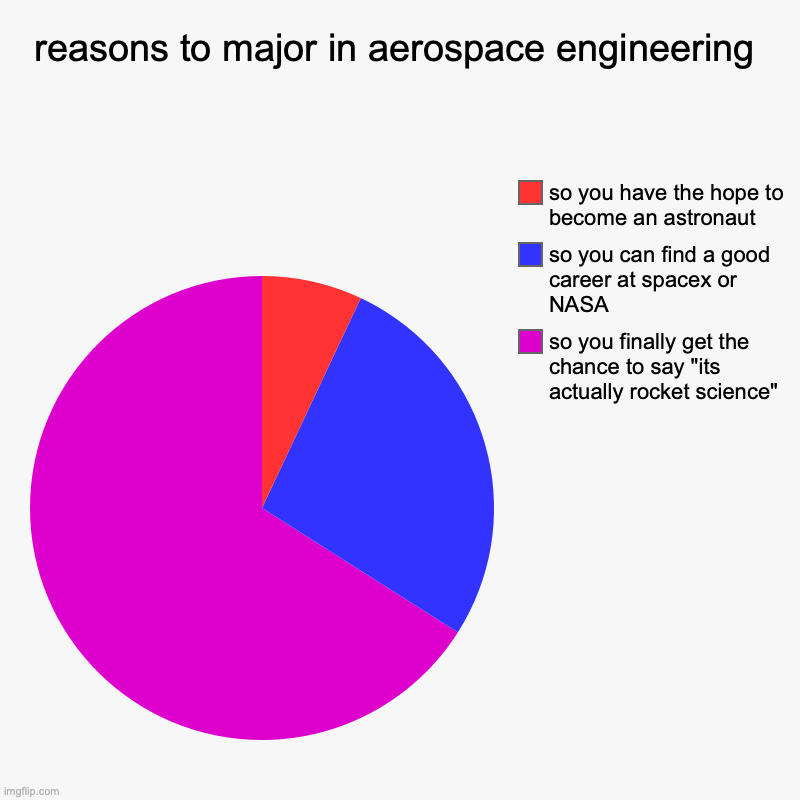 aeronautical engineering be like... | reasons to major in aerospace engineering | so you finally get the chance to say "its actually rocket science", so you can find a good caree | image tagged in charts,pie charts,engineering,nasa,spacex,interesting | made w/ Imgflip chart maker