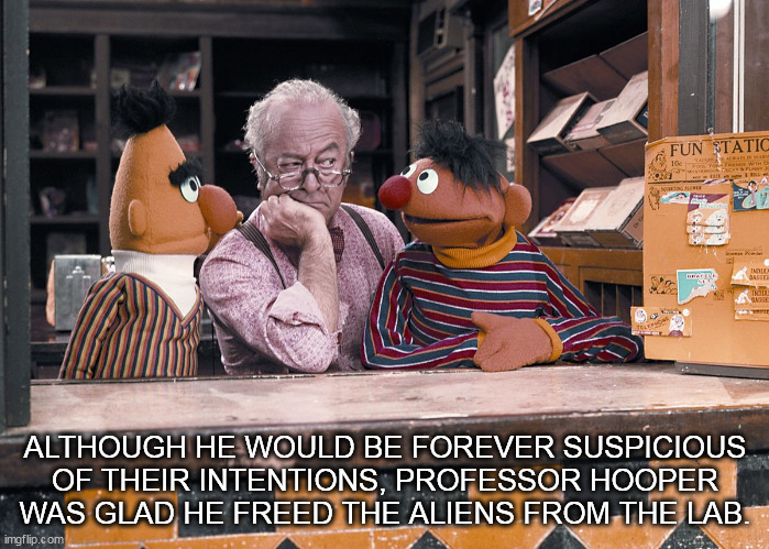 why are they really here? | ALTHOUGH HE WOULD BE FOREVER SUSPICIOUS OF THEIR INTENTIONS, PROFESSOR HOOPER WAS GLAD HE FREED THE ALIENS FROM THE LAB. | image tagged in sesame street | made w/ Imgflip meme maker