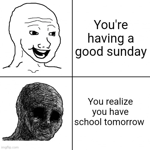 There is nothing we can do | You're having a good sunday; You realize you have school tomorrow | image tagged in happy wojak vs depressed wojak | made w/ Imgflip meme maker