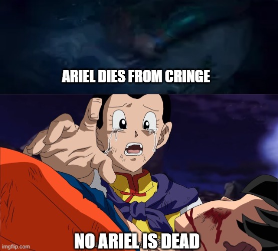 chi chi over ariel's death | ARIEL DIES FROM CRINGE; NO ARIEL IS DEAD | image tagged in chi chi cries,ariel,death,dragon ball z,celebrity deaths,dies from cringe | made w/ Imgflip meme maker