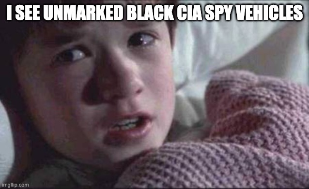 I See Dead People | I SEE UNMARKED BLACK CIA SPY VEHICLES | image tagged in memes,i see dead people,cia,unmarked black cia van,government,surveillance | made w/ Imgflip meme maker