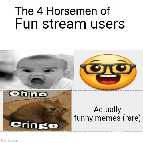 Four horsemen | Fun stream users; Actually funny memes (rare) | image tagged in four horsemen | made w/ Imgflip meme maker