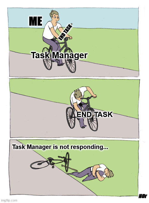 Bike Fall | ME; END TASK; Task Manager; END TASK; Task Manager is not responding... N0r | image tagged in memes,bike fall | made w/ Imgflip meme maker