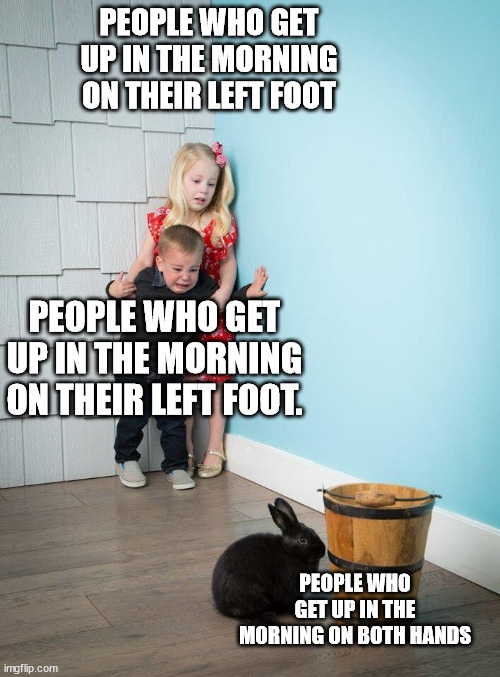 get up in the morning | PEOPLE WHO GET UP IN THE MORNING ON THEIR LEFT FOOT; PEOPLE WHO GET UP IN THE MORNING ON THEIR LEFT FOOT. PEOPLE WHO GET UP IN THE MORNING ON BOTH HANDS | image tagged in kids afraid of rabbit,memes | made w/ Imgflip meme maker