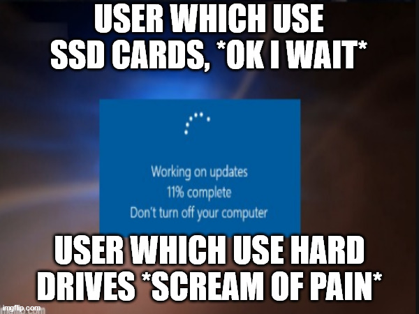 waiting | USER WHICH USE SSD CARDS, *OK I WAIT*; USER WHICH USE HARD DRIVES *SCREAM OF PAIN* | image tagged in memes | made w/ Imgflip meme maker