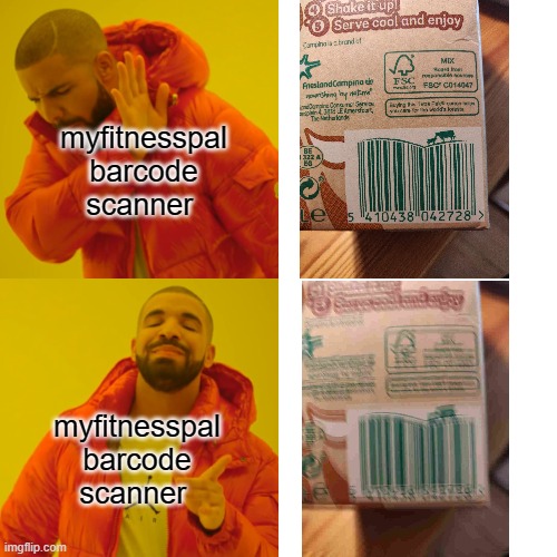 Drake Hotline Bling Meme | myfitnesspal barcode scanner; myfitnesspal barcode scanner | image tagged in memes,drake hotline bling | made w/ Imgflip meme maker