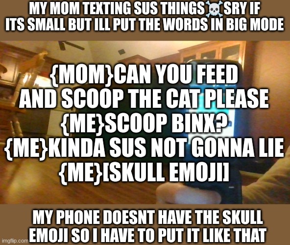 their texts but atleast its cursed | {MOM}CAN YOU FEED AND SCOOP THE CAT PLEASE
{ME}SCOOP BINX?
{ME}KINDA SUS NOT GONNA LIE
{ME}[SKULL EMOJI]; MY MOM TEXTING SUS THINGS☠SRY IF ITS SMALL BUT ILL PUT THE WORDS IN BIG MODE; MY PHONE DOESNT HAVE THE SKULL EMOJI SO I HAVE TO PUT IT LIKE THAT | image tagged in text | made w/ Imgflip meme maker