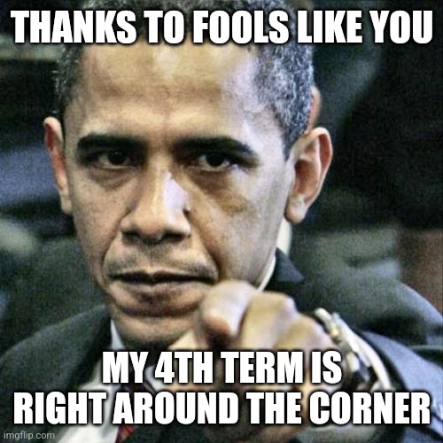 Pissed Off Obama Meme | THANKS TO FOOLS LIKE YOU MY 4TH TERM IS RIGHT AROUND THE CORNER | image tagged in memes,pissed off obama | made w/ Imgflip meme maker