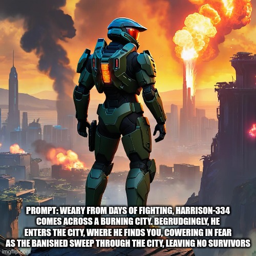 Halo roleplay! I get to be a nerd! Rules in comments | PROMPT: WEARY FROM DAYS OF FIGHTING, HARRISON-334 COMES ACROSS A BURNING CITY. BEGRUDGINGLY, HE ENTERS THE CITY, WHERE HE FINDS YOU, COWERING IN FEAR AS THE BANISHED SWEEP THROUGH THE CITY, LEAVING NO SURVIVORS | image tagged in halo,sci-fi,romance,action | made w/ Imgflip meme maker