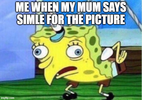 Mocking Spongebob | ME WHEN MY MUM SAYS SIMLE FOR THE PICTURE | image tagged in memes,mocking spongebob | made w/ Imgflip meme maker
