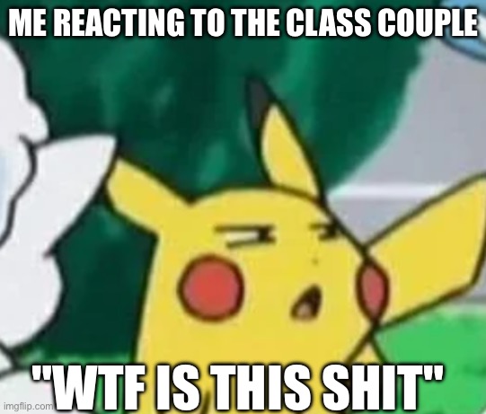 Pikachu bruh face | ME REACTING TO THE CLASS COUPLE; "WTF IS THIS SHIT" | image tagged in pikachu bruh face,class couple,school | made w/ Imgflip meme maker