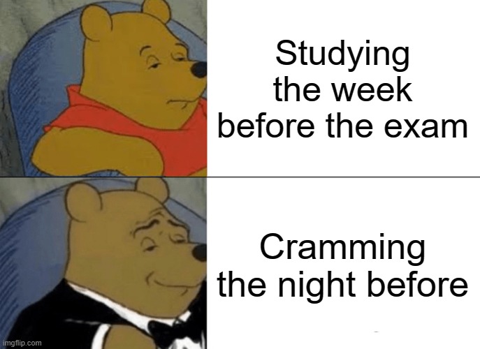 Tuxedo Winnie The Pooh Meme | Studying the week before the exam; Cramming the night before | image tagged in memes,tuxedo winnie the pooh | made w/ Imgflip meme maker