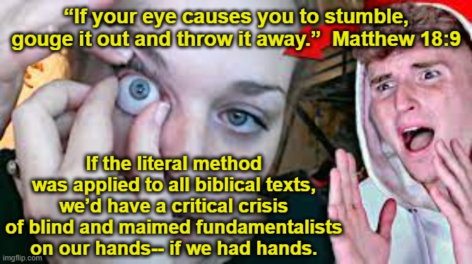 Pluck Out Your Eye | “If your eye causes you to stumble, gouge it out and throw it away.”  Matthew 18:9; If the literal method was applied to all biblical texts, we’d have a critical crisis of blind and maimed fundamentalists on our hands-- if we had hands. | image tagged in bible verse of the day,ghetto jesus,jesus facepalm,they hated jesus meme,christian memes,but that's none of my business | made w/ Imgflip meme maker